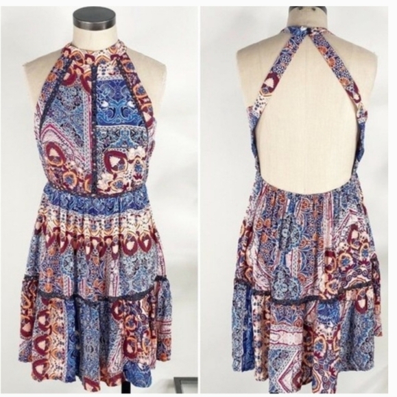 Jaase Endless Summer Open-Back Halter-Neck Boho Mini Dress size M - Picture 1 of 11